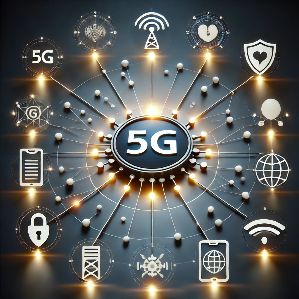 DALL·E 2024-10-24 15.40.50 – A simple representation of a 5G network, with a central glowing hub connected to multiple devices. Minimalist design with lines representing data flow
